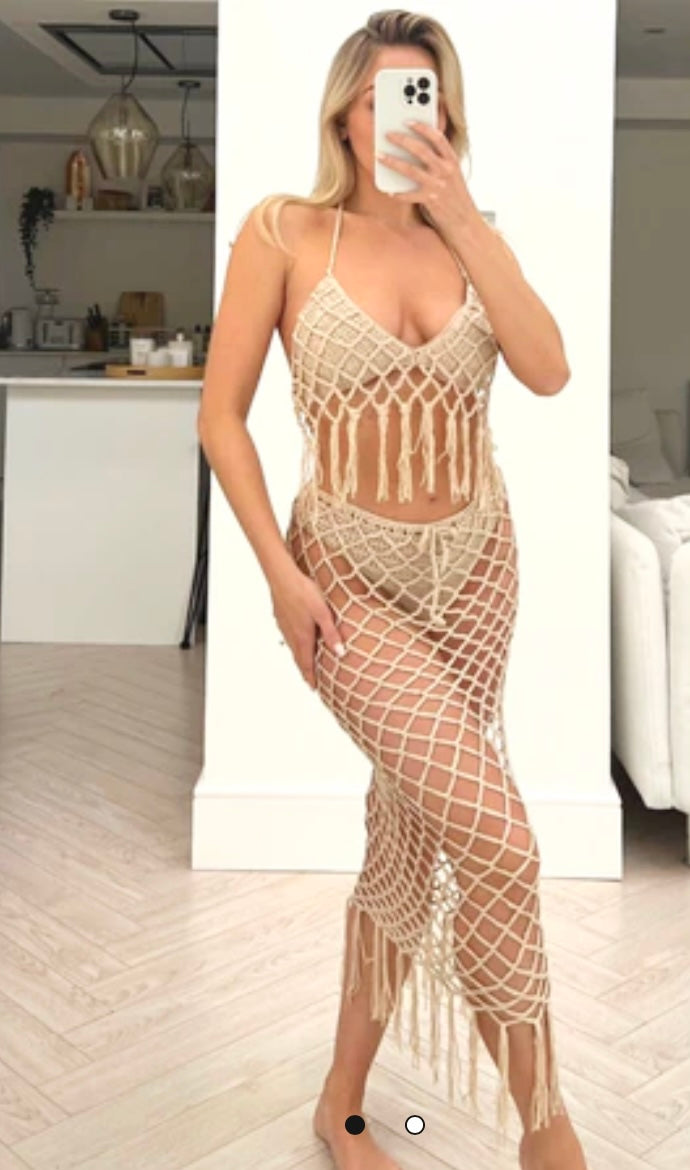 BEACH LOOK BEIGE CROTCHET LONG SKIRT CO ORD - Style Heist