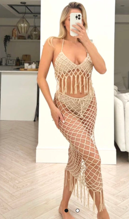 BEACH LOOK BEIGE CROTCHET LONG SKIRT CO ORD - Style Heist