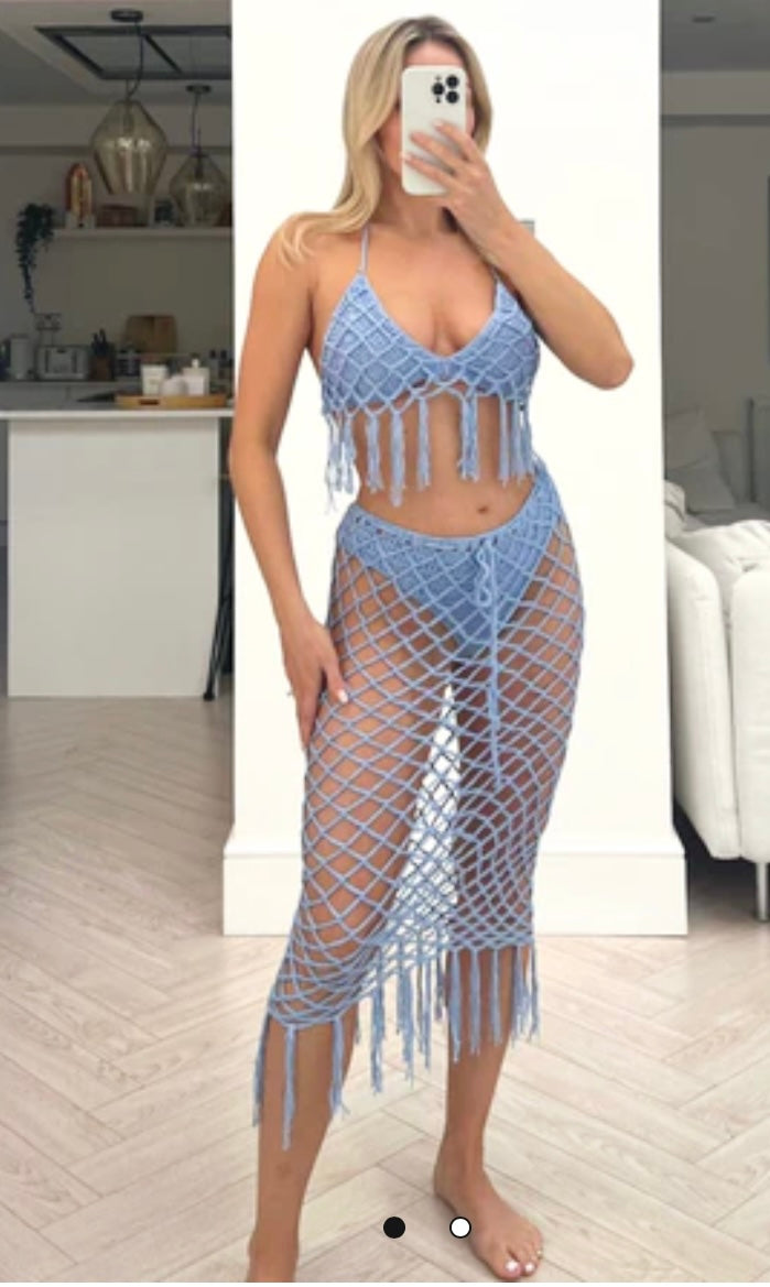 BEACH LOOK BLUE CROTCHET LONG SKIRT CO ORD - Style Heist