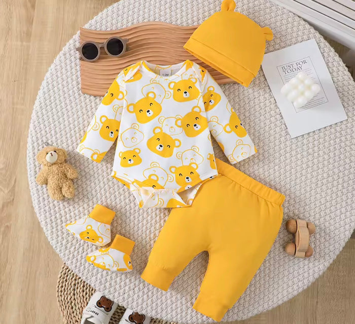 Bear Long Sleeve Bodysuit+Pants+Hat+Socks 4pcs