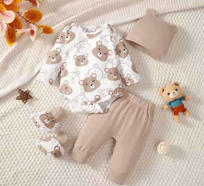 Bear Long Sleeve Bodysuit+Pants+Hat+Socks 4pcs