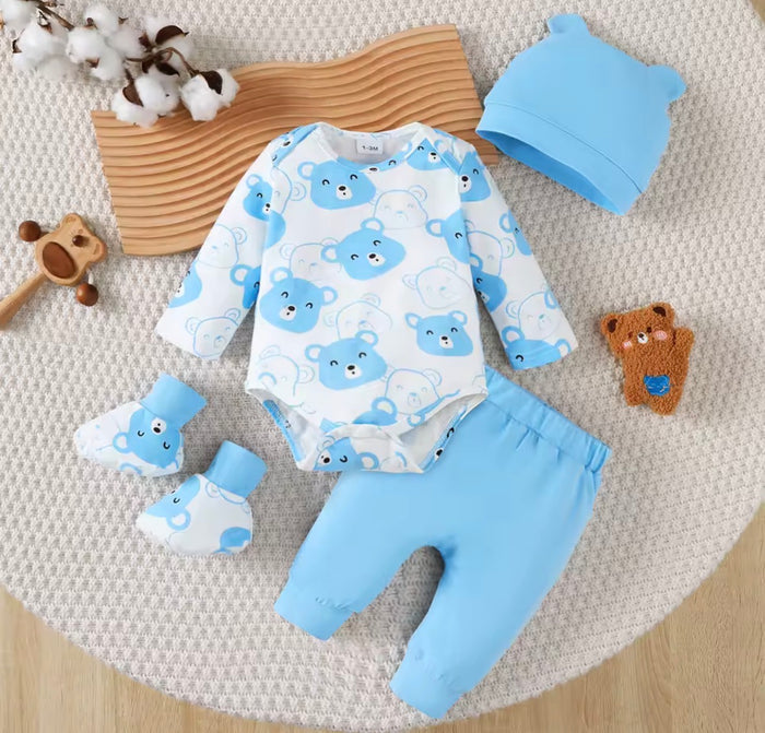 Bear Long Sleeve Bodysuit+Pants+Hat+Socks 4pcs