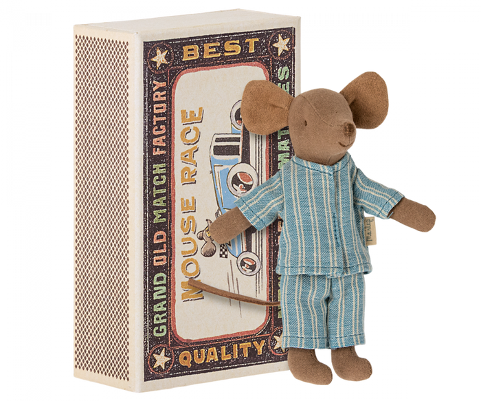 Plush Maileg Big Brother Mouse in Matchbox standing beside its vintage-style packaging.