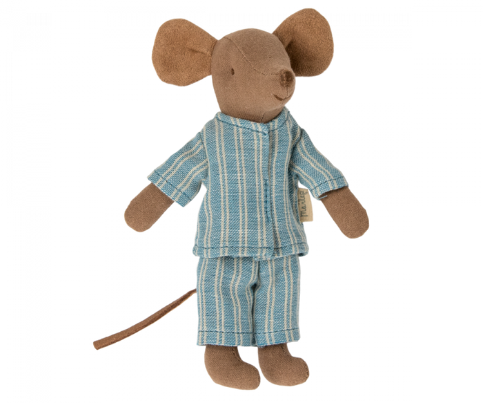 Big Brother Plush Mouse wearing blue pjs on a white background.
