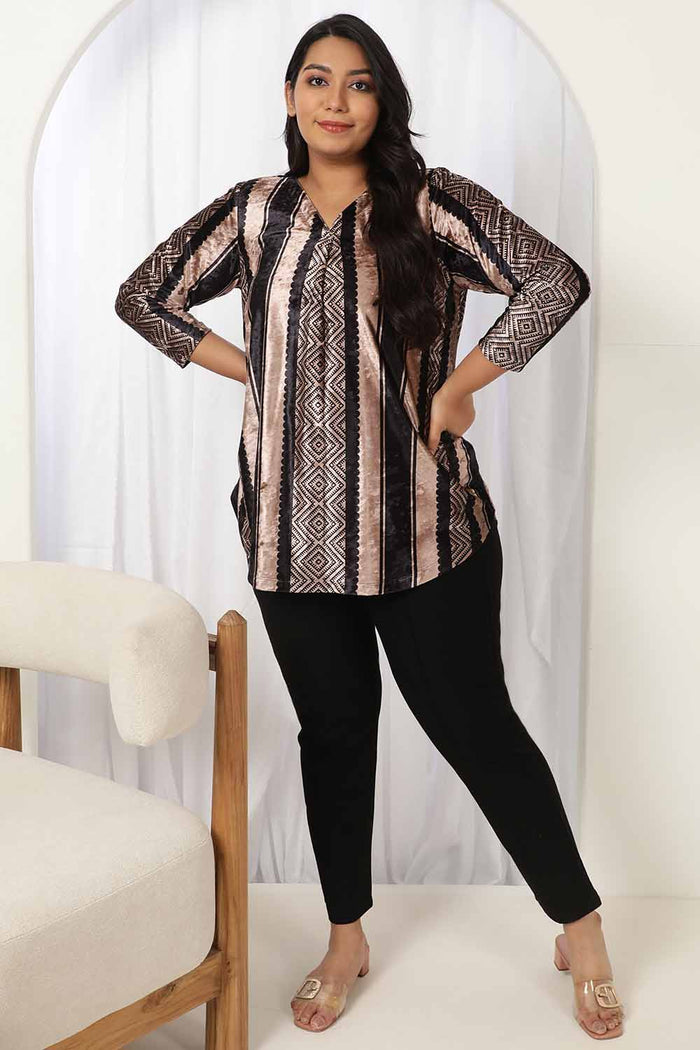 Black Beige Stripe Velvet Top
