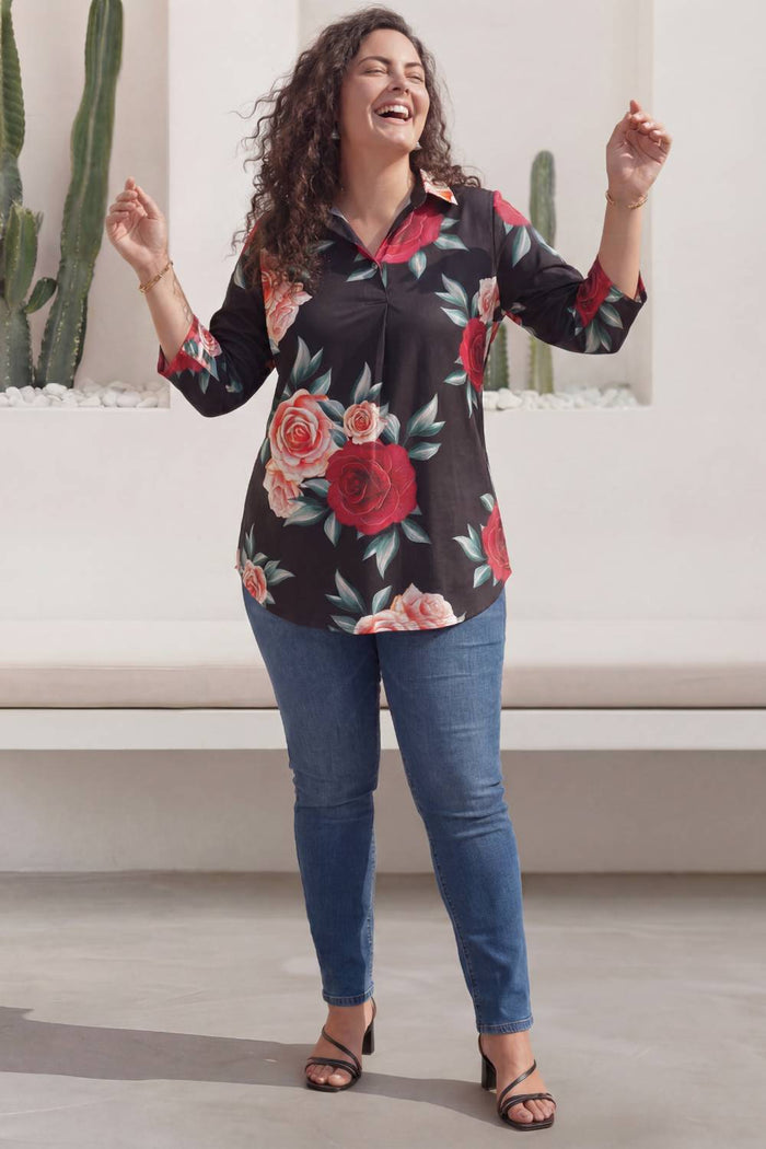 Black Floral Centre Pleat Top 1