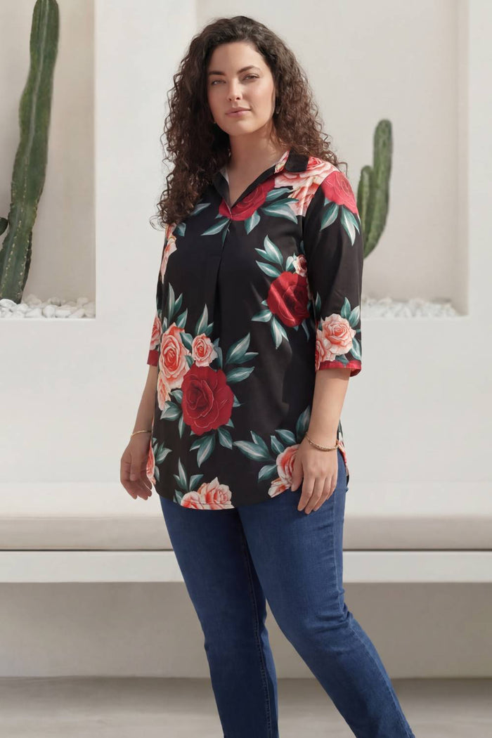 Black Floral Centre Pleat Top 1