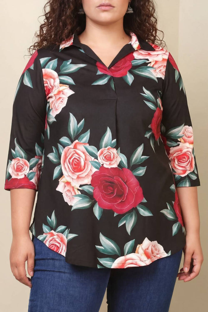 Black Floral Centre Pleat Top 1