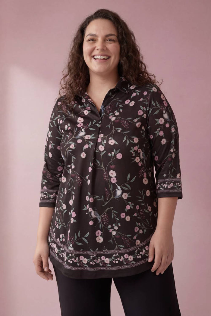 Black Floral Luxe Centre Pleat Top