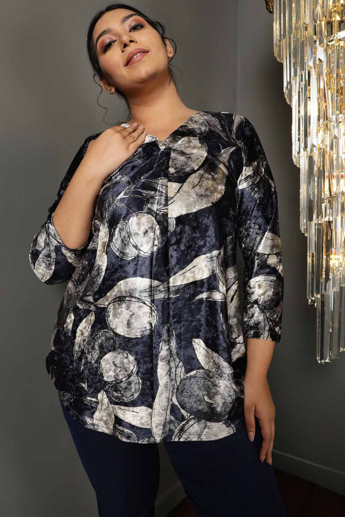 Black Floral V Neck Velvet Top