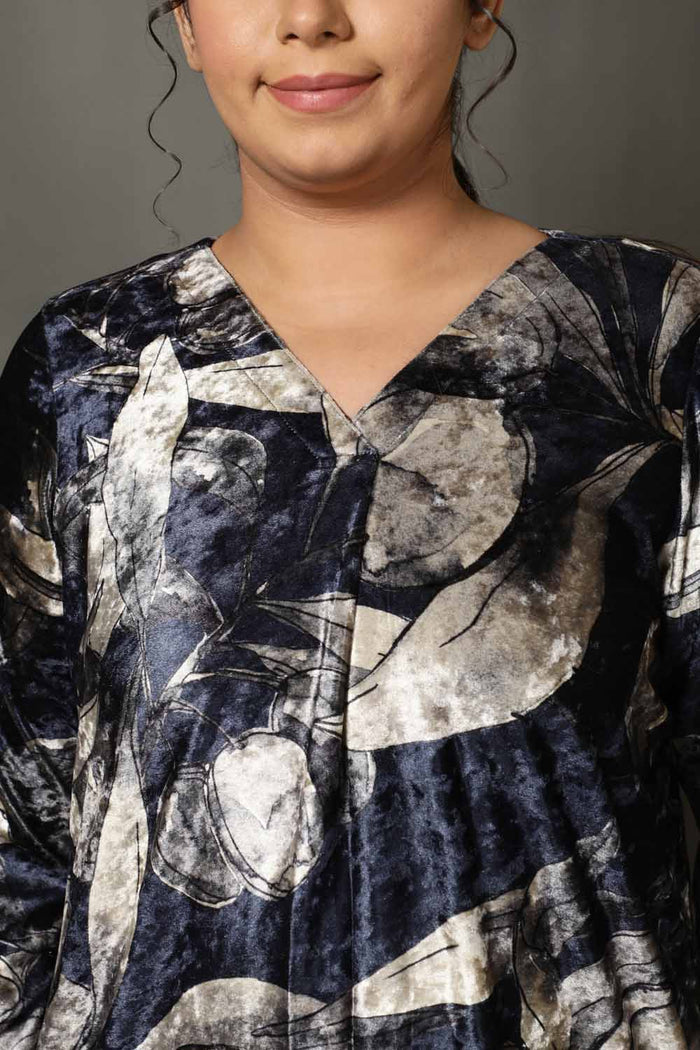Black Floral V Neck Velvet Top