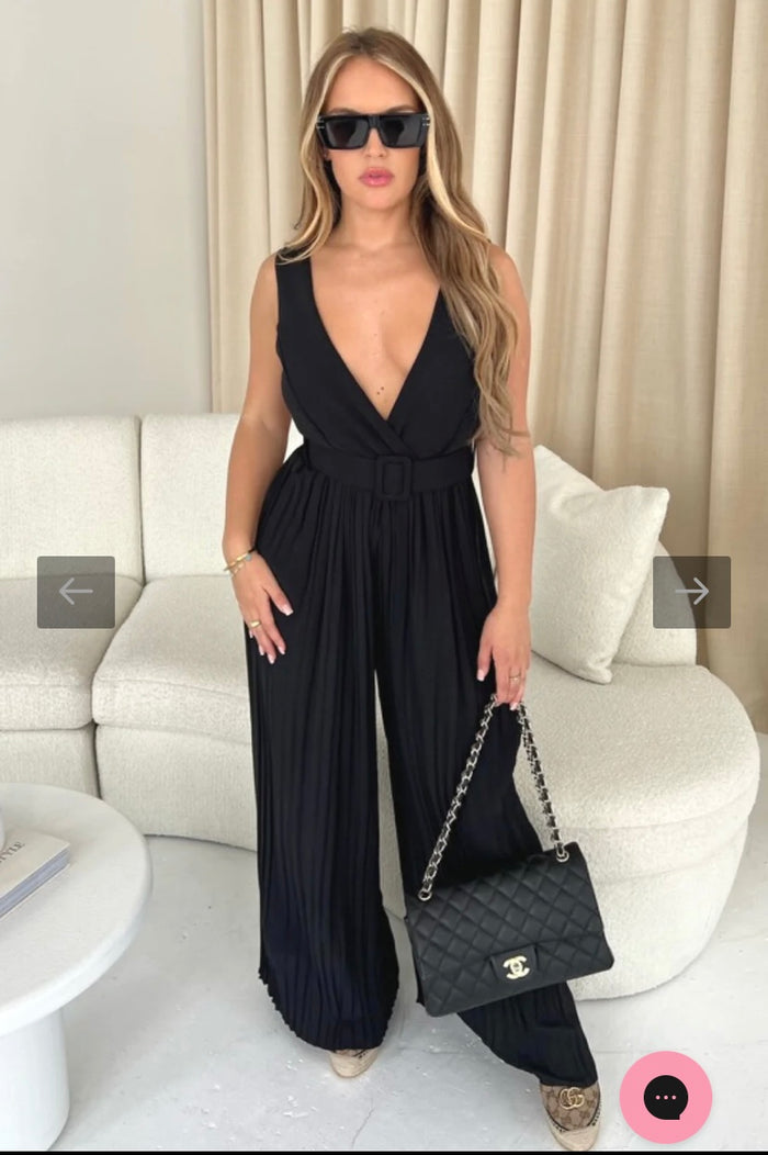 BLACK FRONT PLEATED SLEEVELESS JUMPSUIT - Style Heist