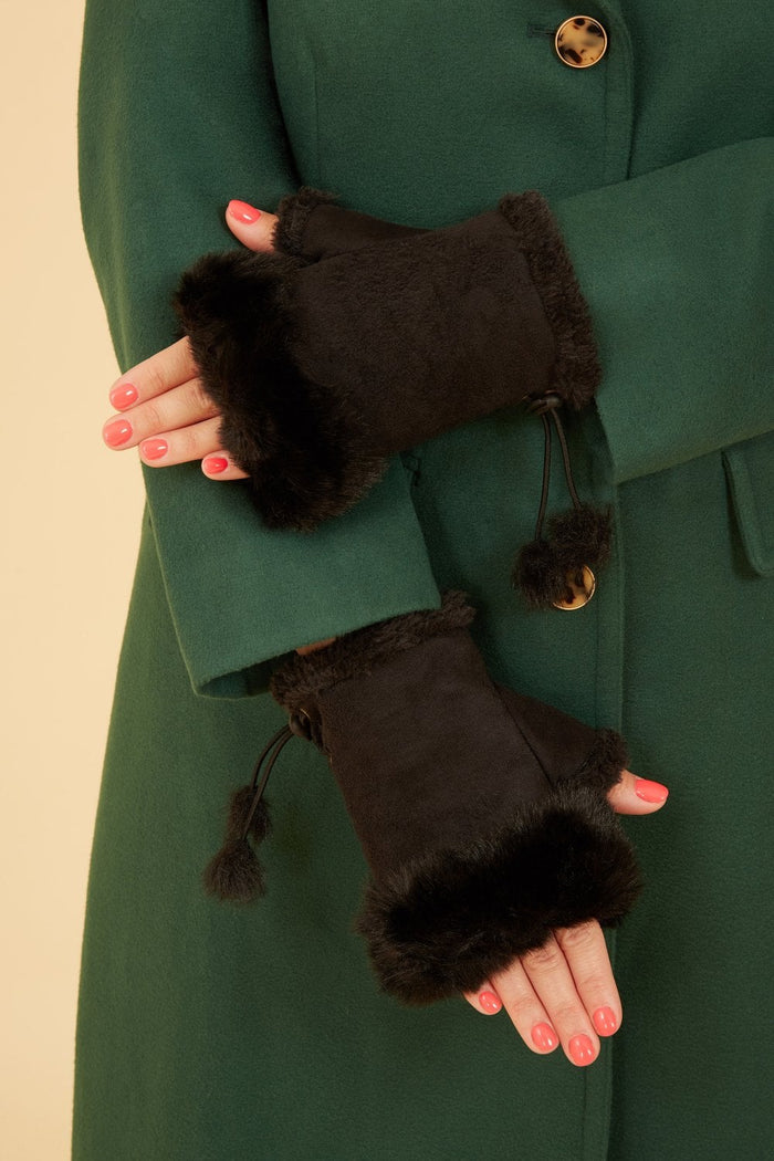 Black Fur Fingerless Suede Mittens
