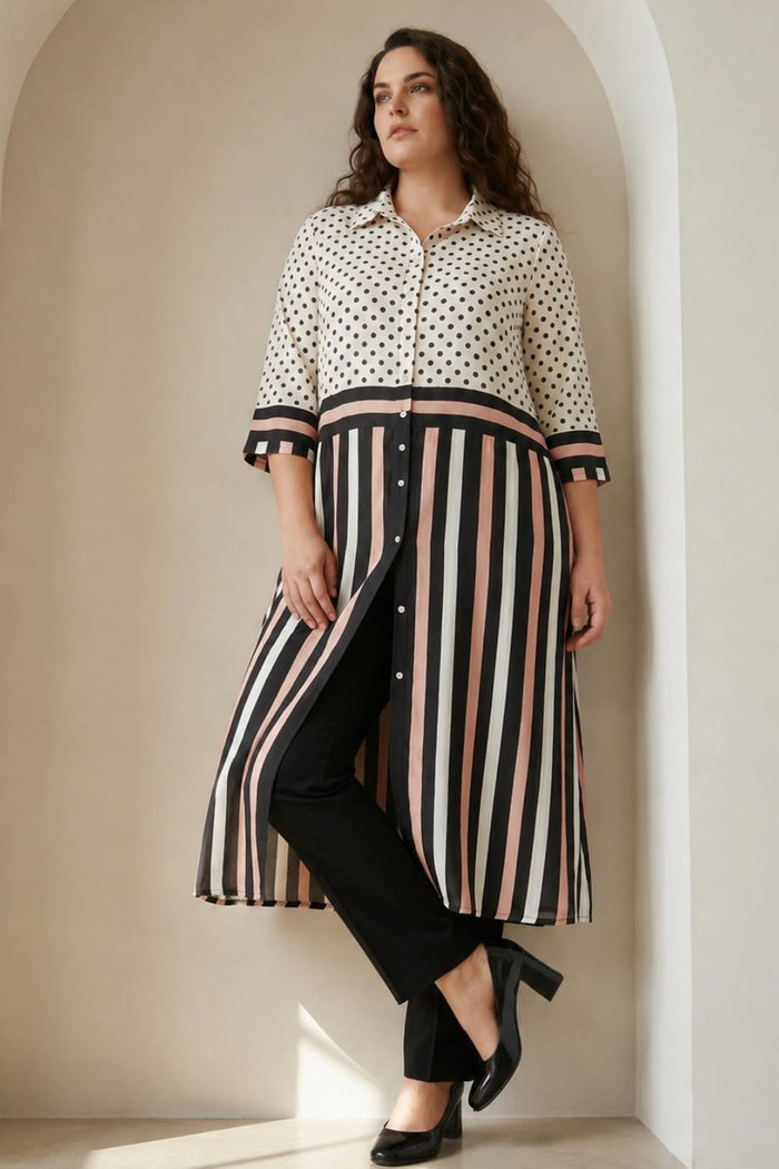 Black Luxe Polka Stripes Kurta Cum Shrug