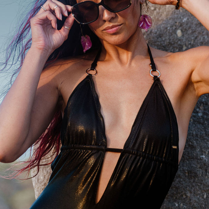 Black Metallic Plunge One-Piece Swimsuit – Artisan Sustainable Swimwear from Ibiza