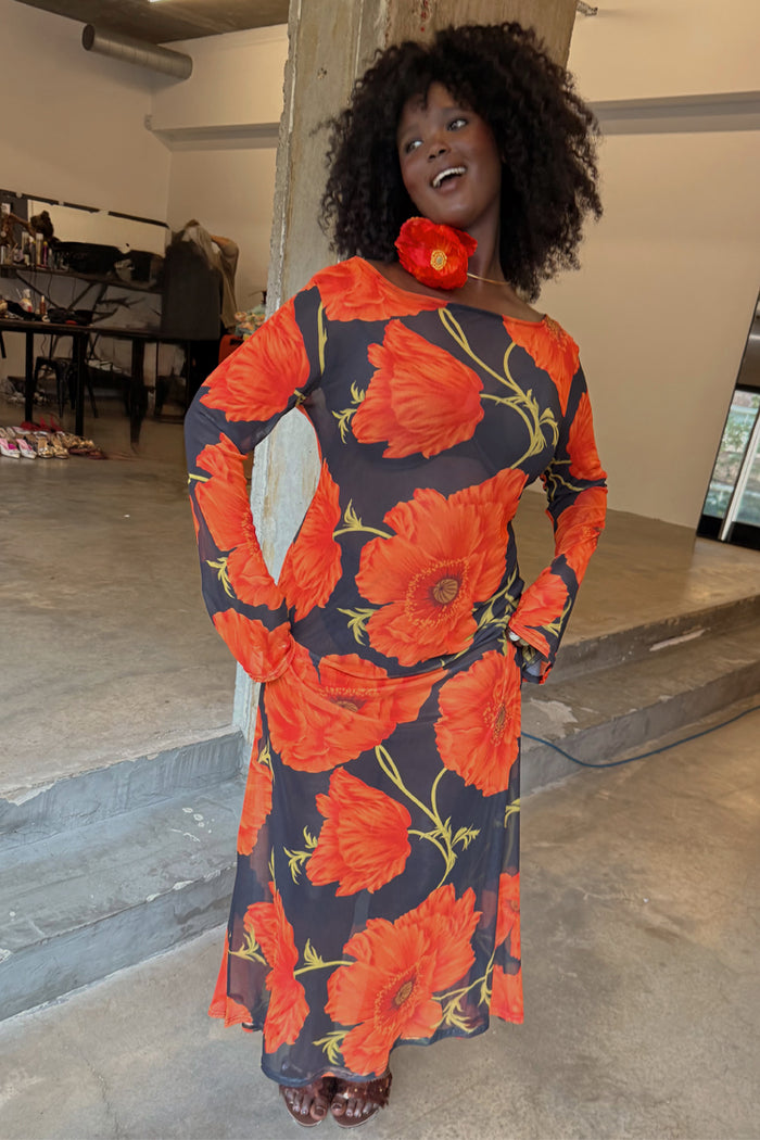 Black Poppy Aria Mesh Dress in sheer black with a red poppy print and long sleeves, highlighting inclusive sizing.