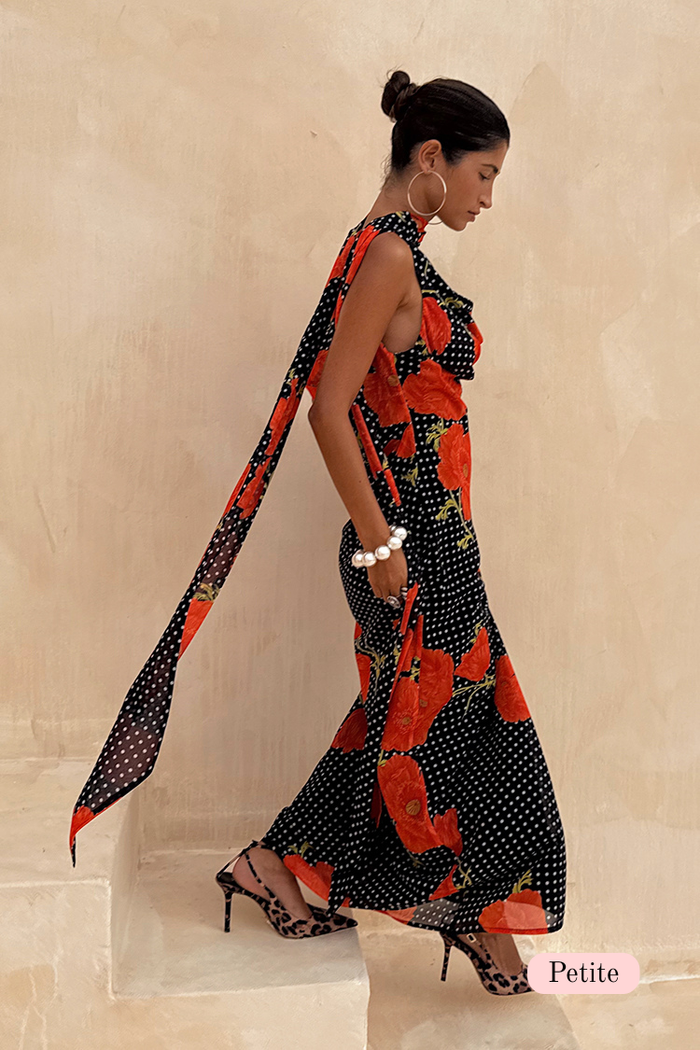 Black Poppy Sophie Dress Petite featuring a polka dot and red floral print with a long trailing scarf detail.