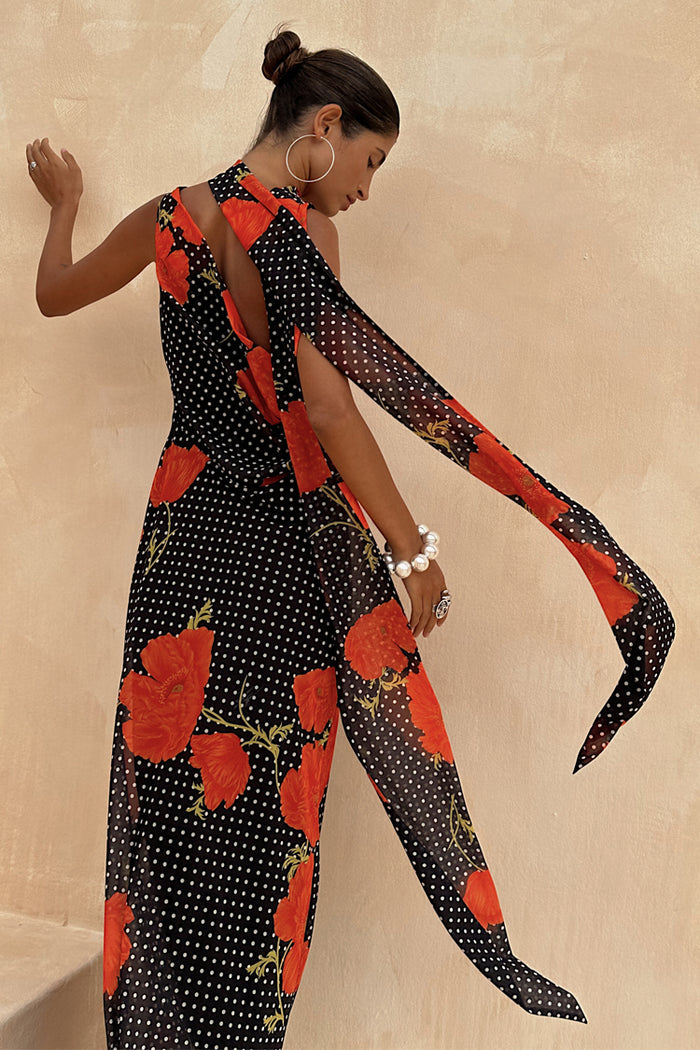 Black Poppy Sophie Dress with a red poppy and polka dot print and statement multi-wear scarf detail.