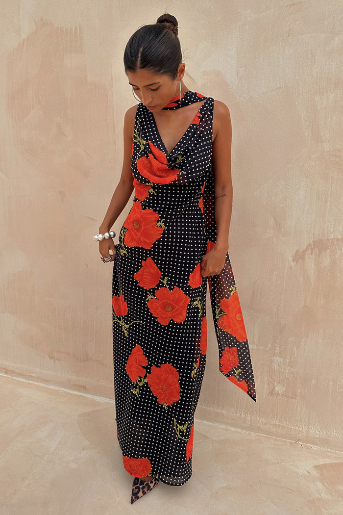 Black Poppy Sophie Dress Petite with a red poppy and polka dot print and multi-wear scarf detail.