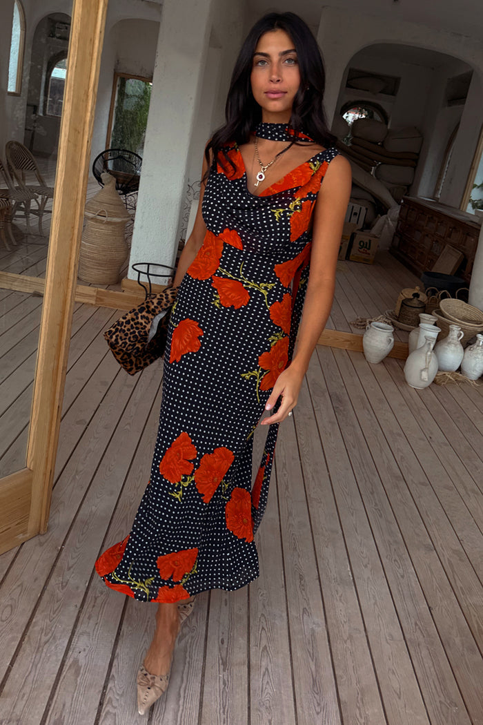Black Poppy Sophie Dress in a red poppy and polka dot print with a cowl neck and multi-wear scarf.