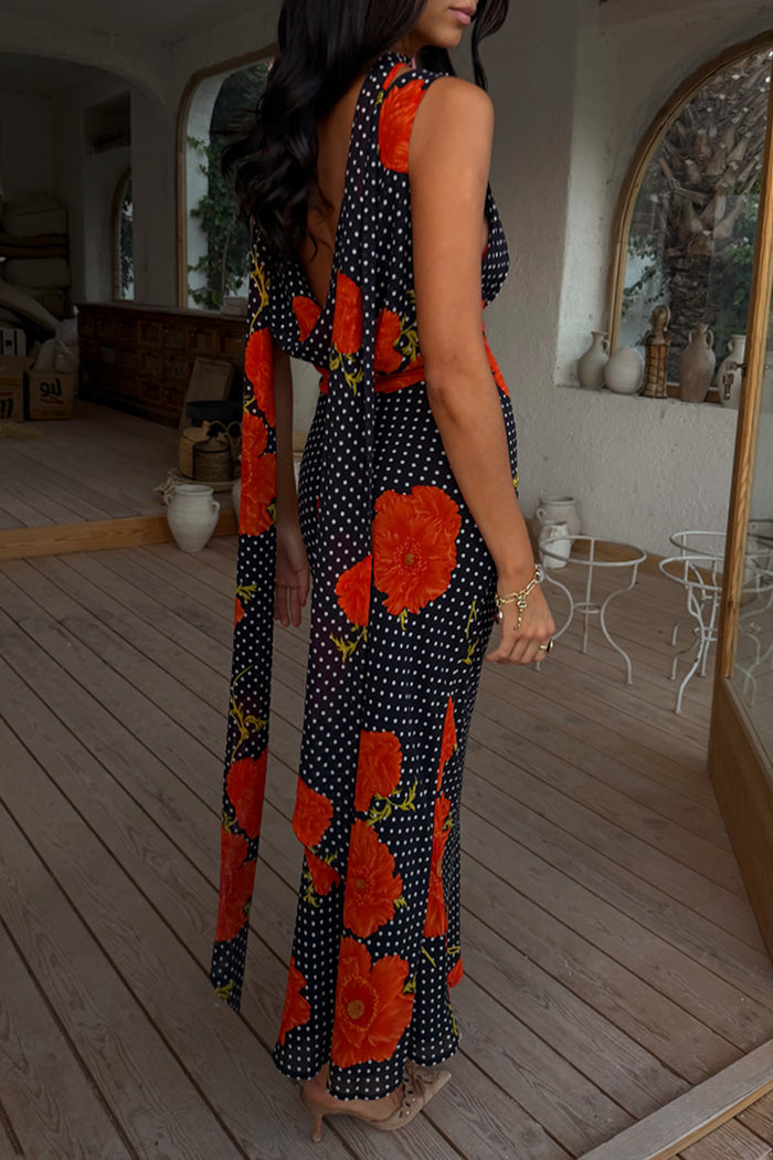 Black Poppy Sophie Dress featuring a poppy and polka dot print with a draped back and long detachable scarf.