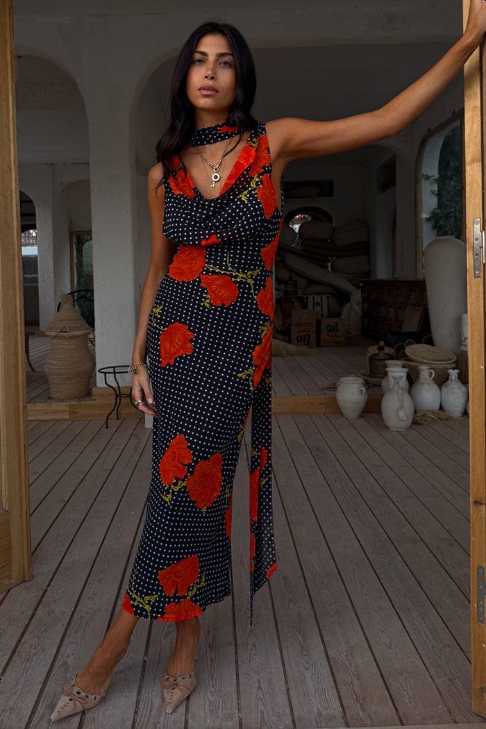 Black Poppy Sophie Dress in red poppy and polka dot print with cowl neck and multi-wear detachable scarf.