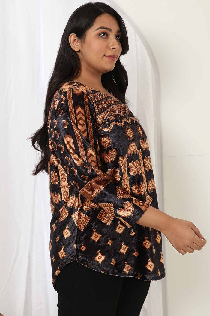 Black Printed V Neck Velvet Top