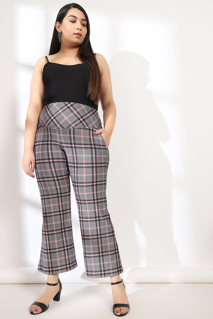 Black Red Dupplin Check Tummy Shaper Printed Flare Pants