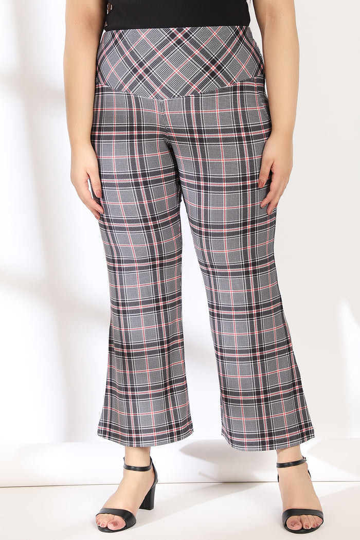 Black Red Dupplin Check Tummy Shaper Printed Flare Pants