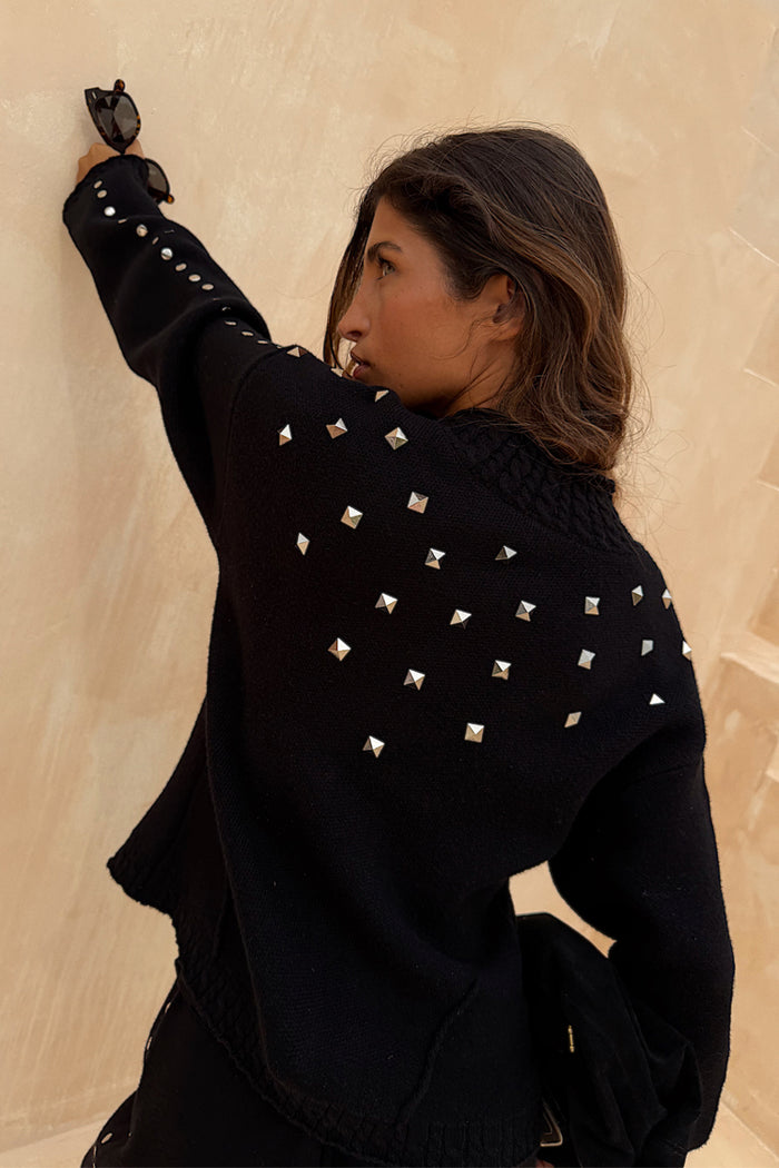 Black Studded Cardigan featuring silver metal pyramid studs on the back and sleeves for an elevated, statement look.