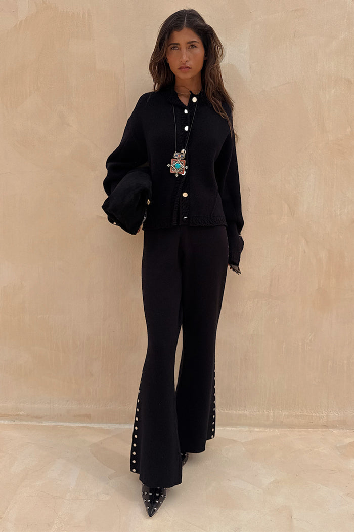 Black Studded Cardigan and matching Petite Knit Trousers with silver side studs in a monochrome co-ord.