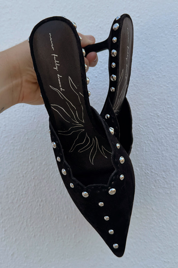 Black Suede Mules with silver stud detailing and scallop edging, featuring a pointed toe and kitten heel.