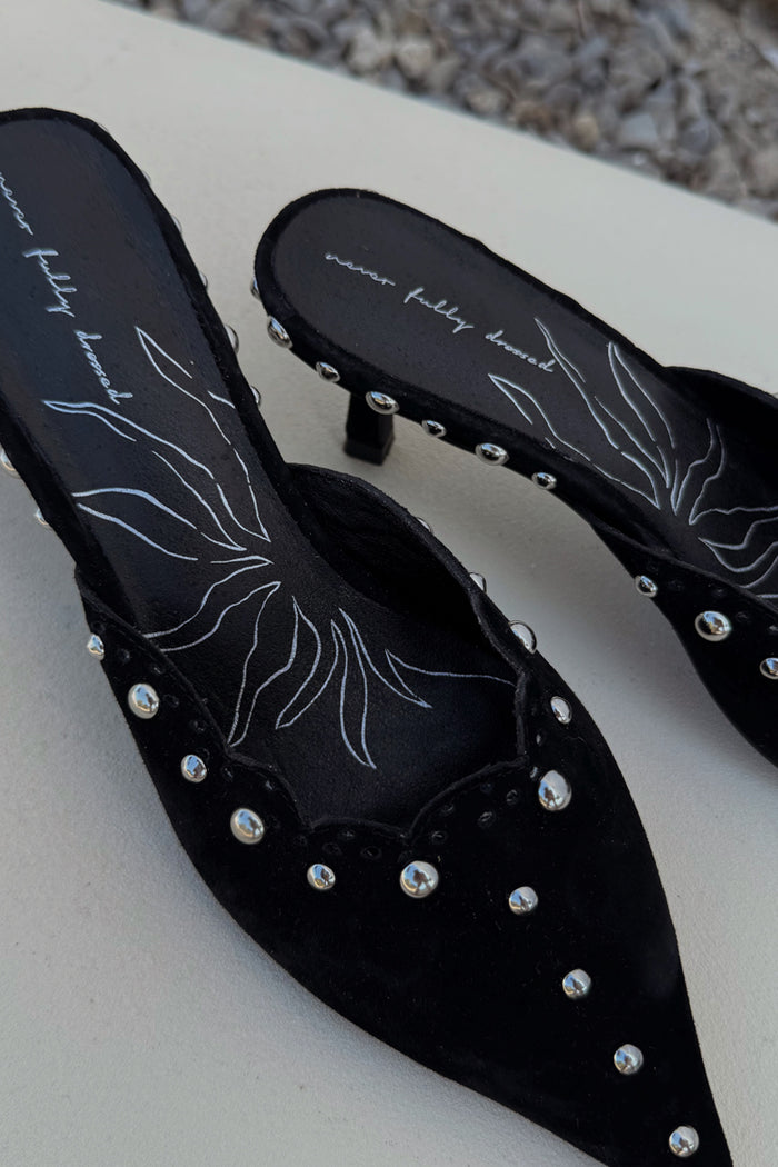 Black Suede Mules with silver studs, scallop edging and a pointed toe, featuring NFD branded insoles.