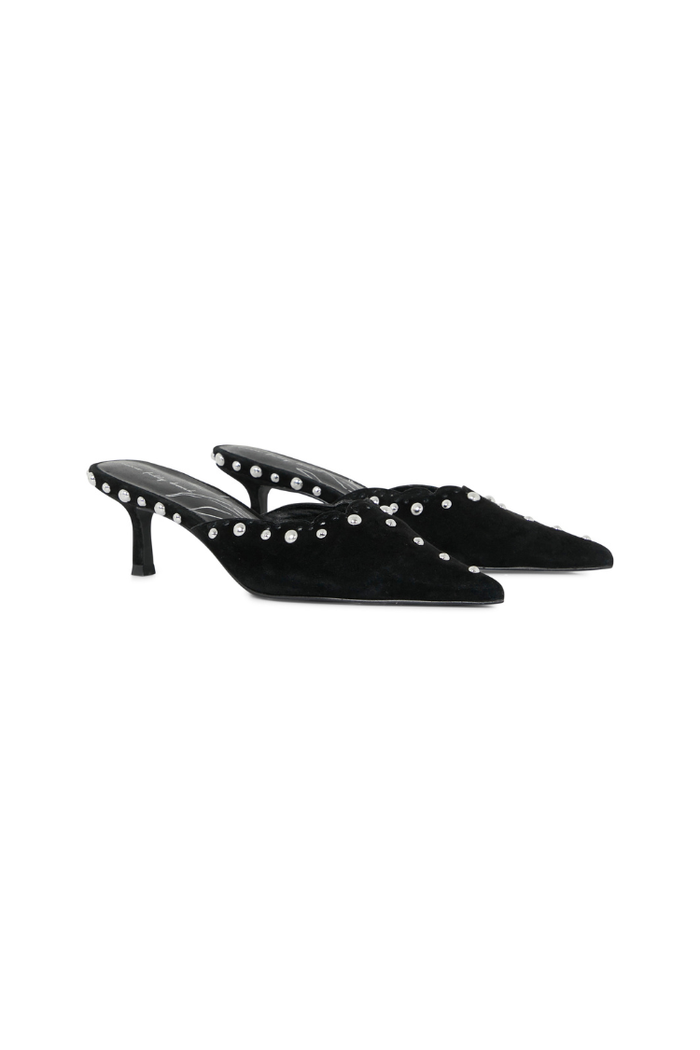 Black suede mules with silver stud detailing, scallop edging and a pointed toe on a low kitten heel.