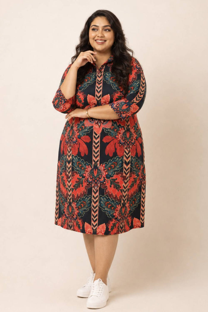 Black Tropical Print Shirt Dress