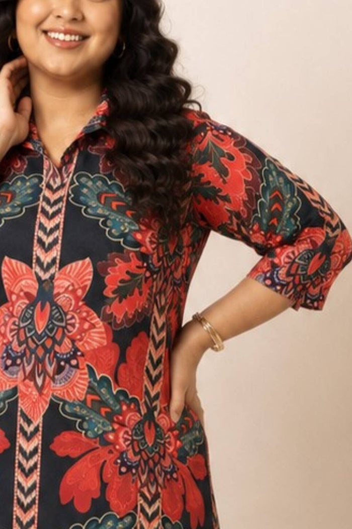 Black Tropical Print Shirt Dress