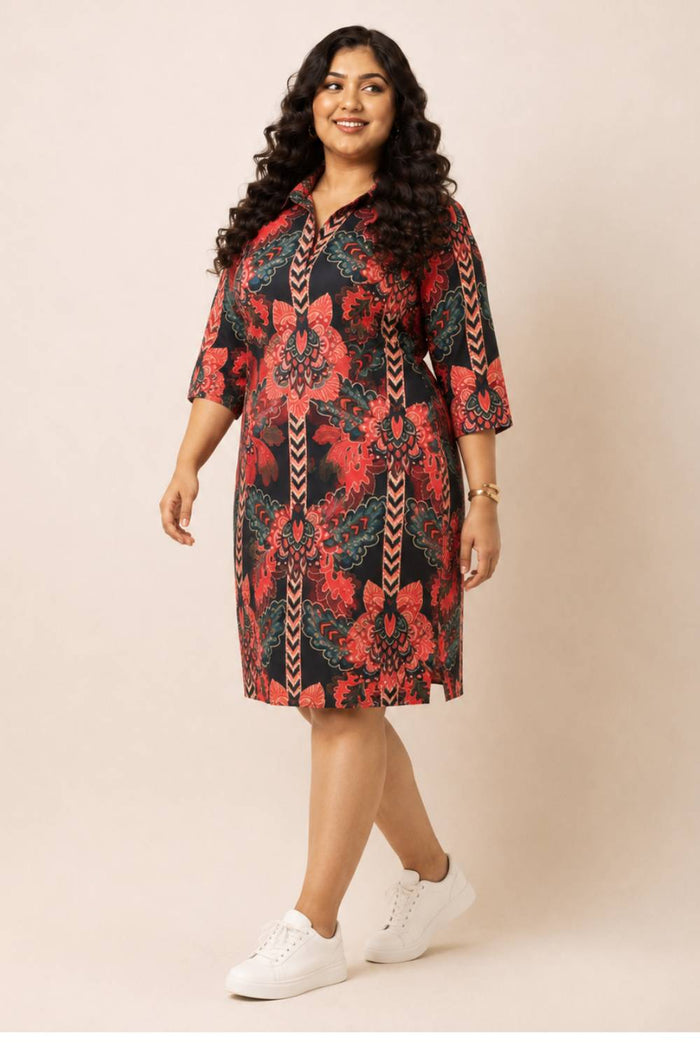 Black Tropical Print Shirt Dress