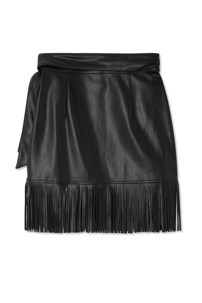 Iconic black vegan leather mini Jaspre skirt with fringe detailing and multi-wear wrap fastening.