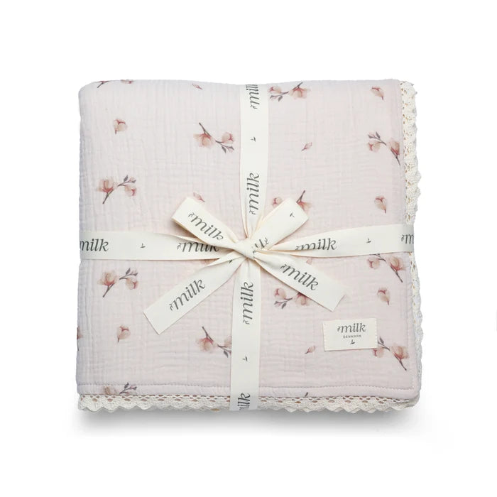 blanket printed muslin lace edge - blossom oat/bbo