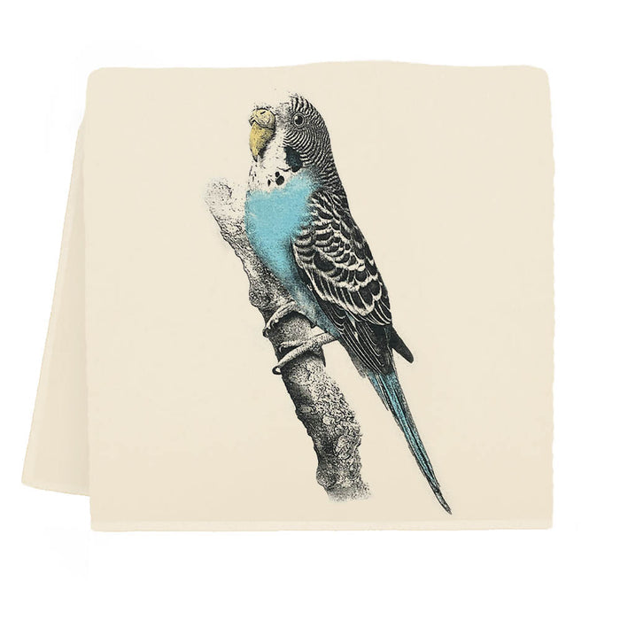 A high-quality fabric kitchen towel with a blue parakeet on it, the Eric & Christopher Blu Tea Towel.