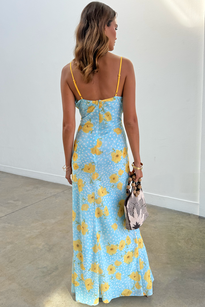 Blue Fawn Poppy Elsie Dress from the back, featuring yellow straps and a poppy and fawn spot print.