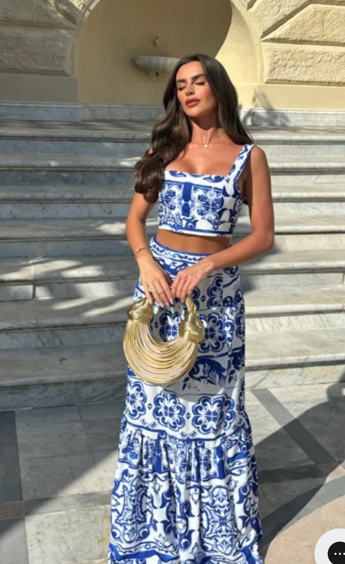 Blue Floral Crop Top Set with Maxi Skirt Co-Ord