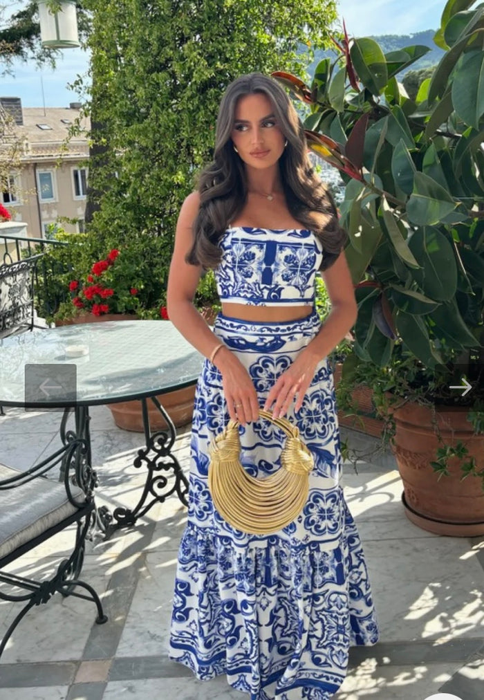 Blue Floral Crop Top Set with Maxi Skirt Co-Ord