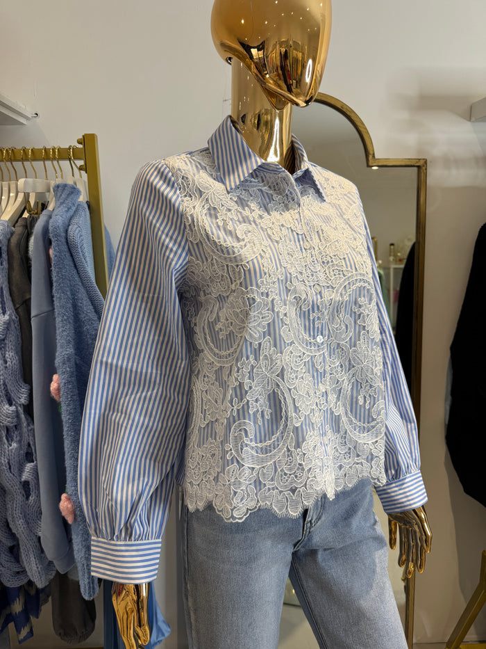 Blue & White Stripe Embroidery Anglaise Shirt