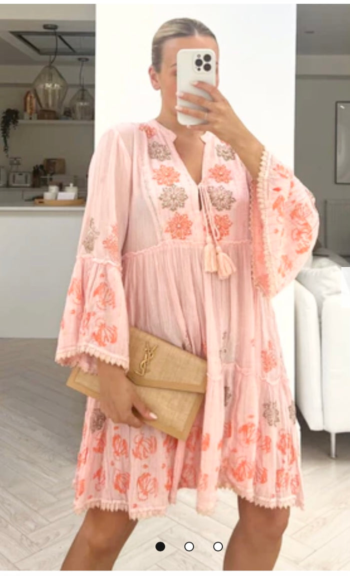BOHO STYLE  EMBROIDERED V DEEP NECK DRESS PINK - Style Heist