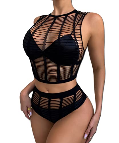 Buitifo Womens Fishnet Babydoll Lingerie Mini Dress Set