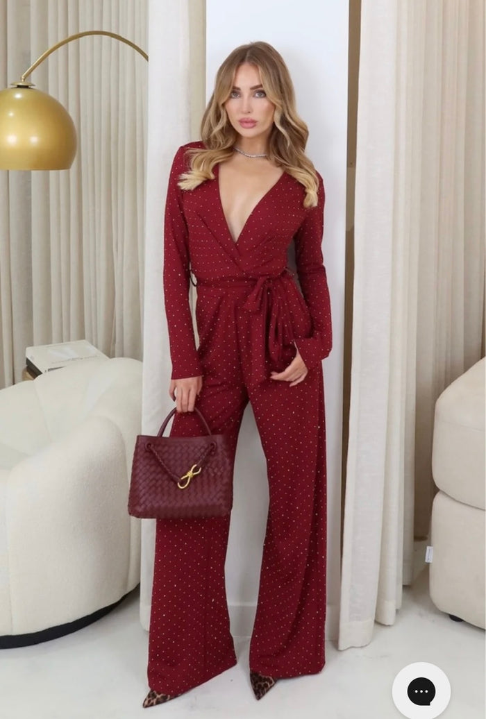 Burgundy Diamante Long Sleeved Flared Leg jumpsuit