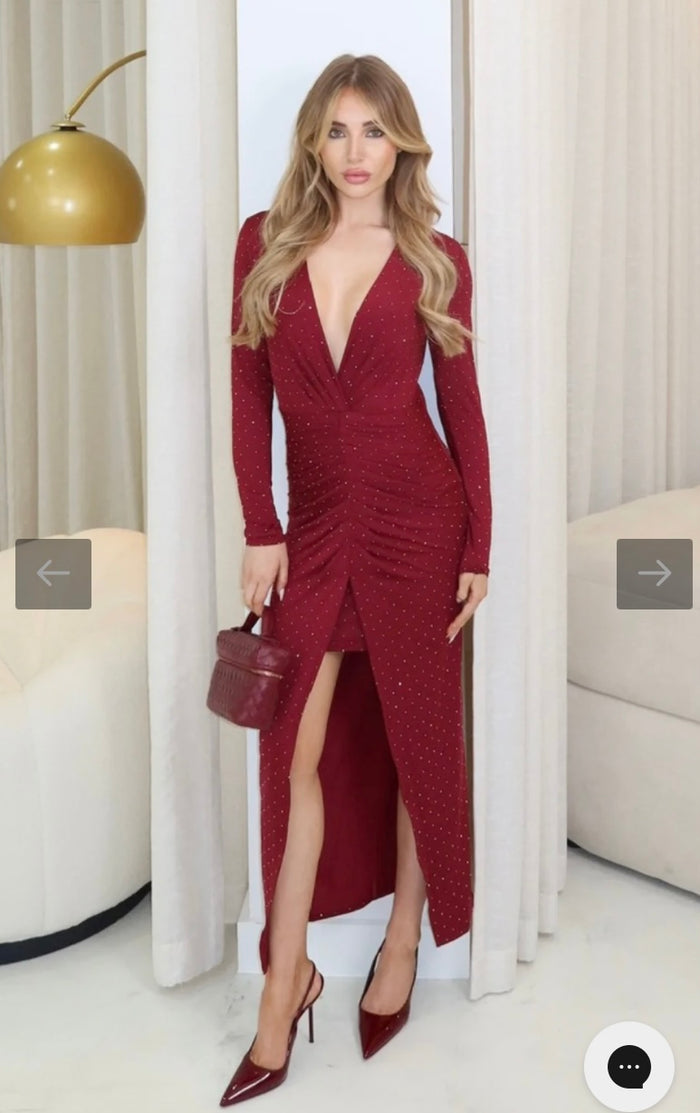 burgundy diamante split front dress