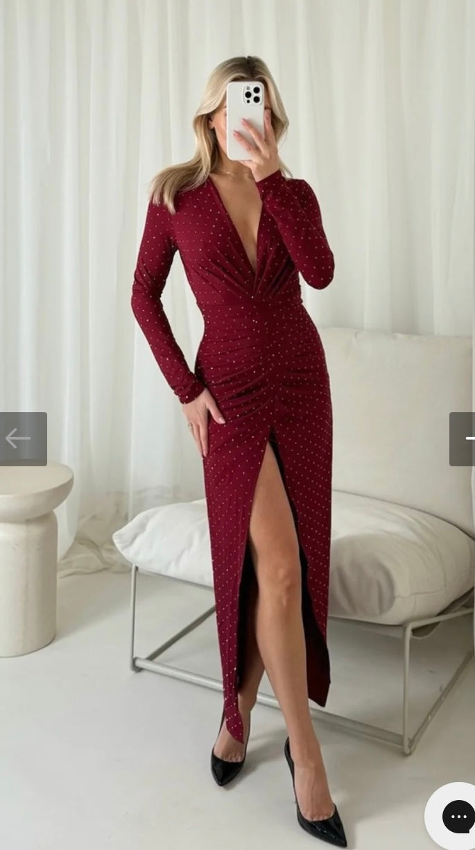 burgundy diamante split front dress