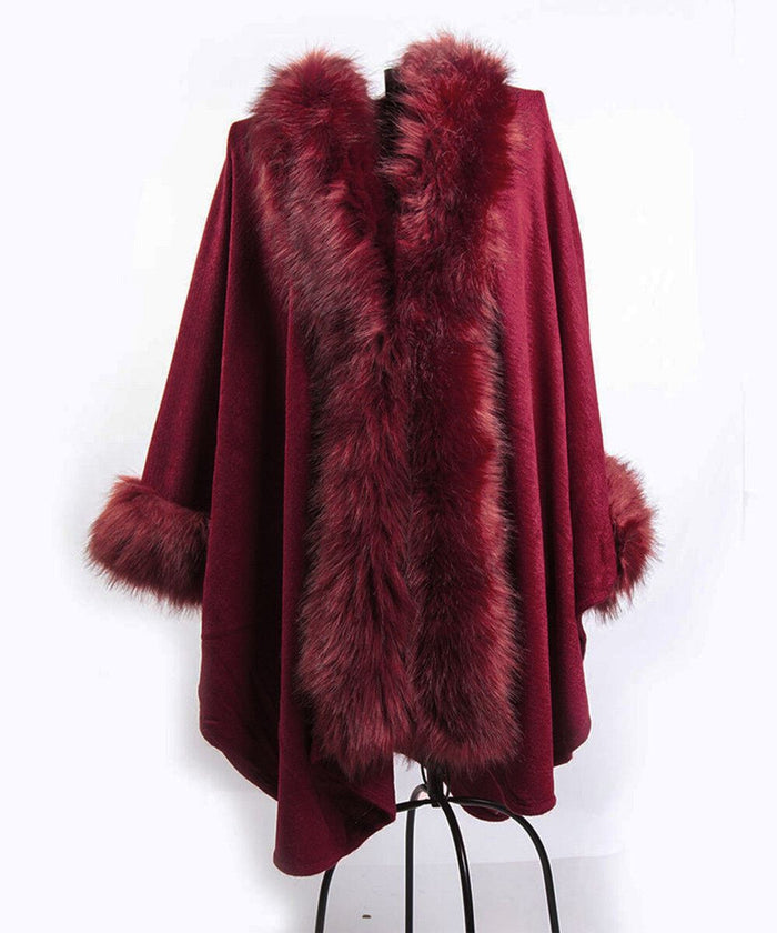 Burgundy Red Wine Faux Fur Trim Single Layer Poncho